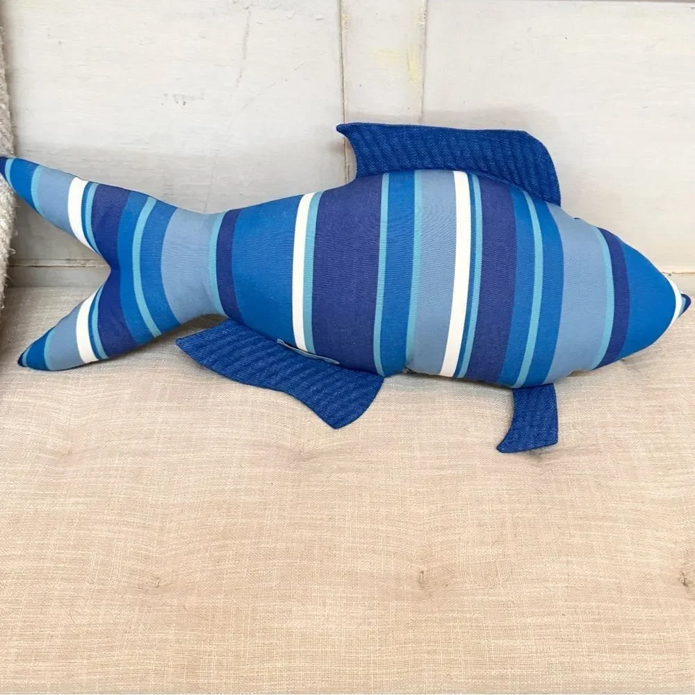 Fresh Catch Blue Striped Handcrafted Nautical Coastal Cottage Fish Accent Pillow